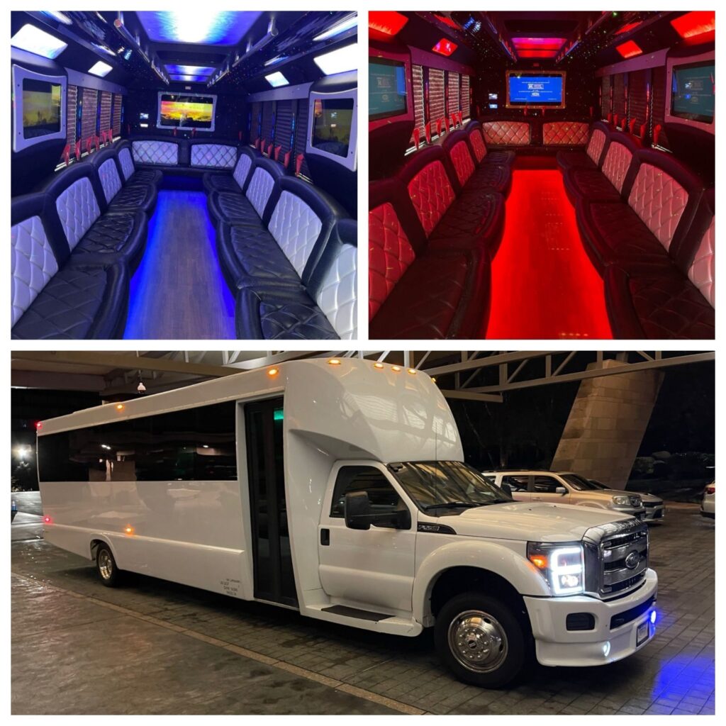 Exterior and interior views of a luxury party bus with vibrant LED lighting and leather seating