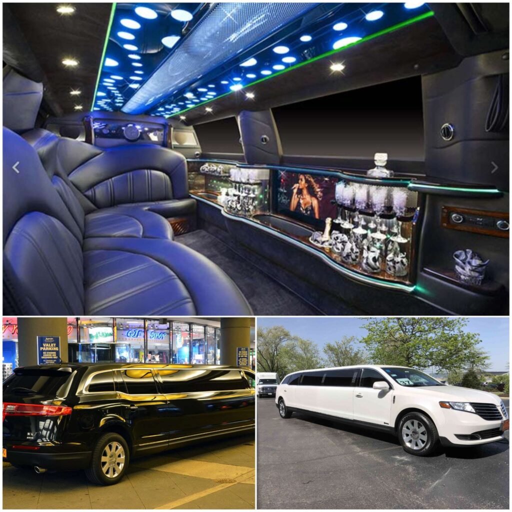 Luxury stretch limousine featuring a sleek black and white exterior and upscale interior with leather seating, bar, and LED lighting